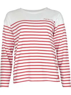 T-shirt en coton rouge rayé avec une coupe droite et des boutons