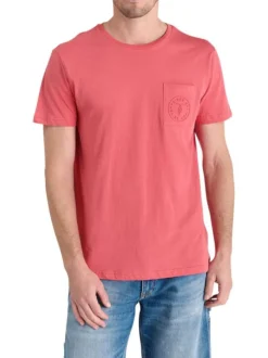 T-shirt en coton rouge uni à coupe droite et à col rond avec une poche