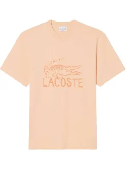 T-shirt en coton saumon à coupe droite pourvu d'un col rond texturé
