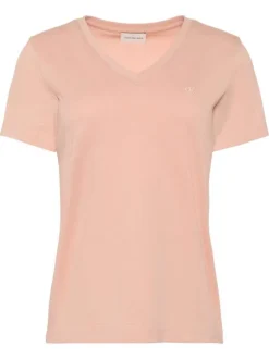 T-shirt en coton saumon uni avec une coupe droite et un col v