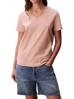 T-shirt en coton saumon uni avec une coupe droite et un col v