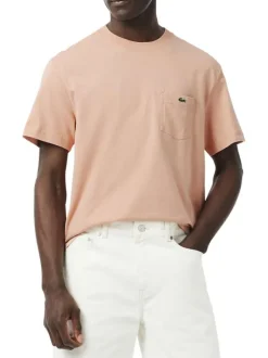 T-shirt en coton saumon uni à coupe droite avec une poche plaquée à la poitrine