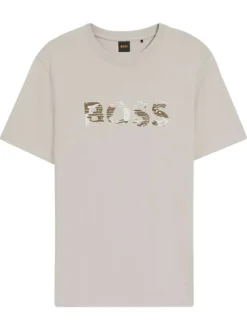 T-shirt en coton taupe avec imprimé à coupe droite et à col rond