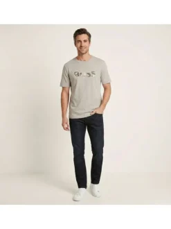 T-shirt en coton taupe avec imprimé à coupe droite et à col rond