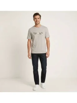 T-shirt en coton taupe avec imprimé à coupe droite et à col rond