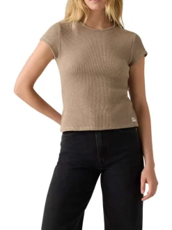 T-shirt en coton taupe en maille gaufrée pourvu d'une coupe droite