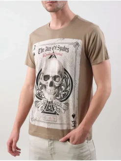 T-shirt en coton taupe imprimé crâne avec une coupe droite et un col rond