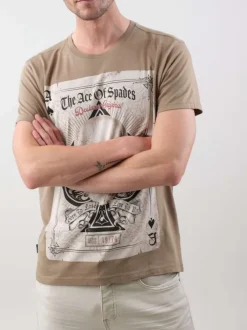 T-shirt en coton taupe imprimé crâne avec une coupe droite et un col rond