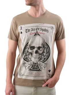 T-shirt en coton taupe imprimé crâne avec une coupe droite et un col rond