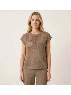 T-shirt en coton taupe uni avec une coupe droite et un col rond