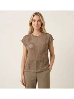 T-shirt en coton taupe uni avec une coupe droite et un col rond