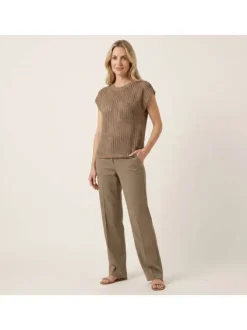 T-shirt en coton taupe uni avec une coupe droite et un col rond