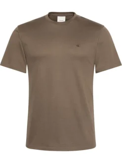 T-shirt en coton taupe uni coupe ajustée col rond avec un logo brodé