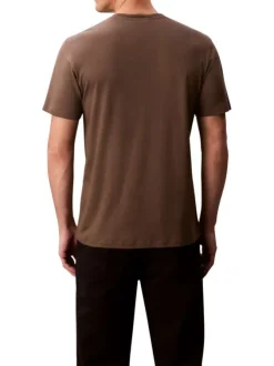 T-shirt en coton taupe uni coupe ajustée col rond avec un logo brodé