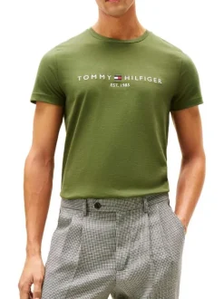 T-shirt en coton vert à coupe droite pourvu du nom de la marque brodé