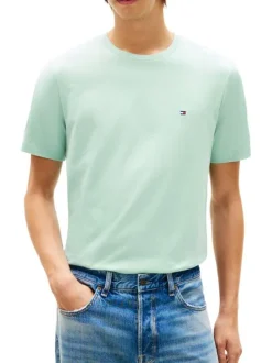 T-shirt en coton vert d'eau à coupe droite pourvu de manches courtes