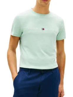 T-shirt en coton vert d'eau à coupe droite pourvu d'un col rond finement côtelé