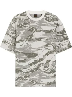 T-shirt en coton vert à motifs militaires avec une coupe droite et un col rond
