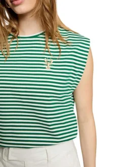 T-shirt en coton vert à rayures pourvu d'une coupe droite et d'un col rond