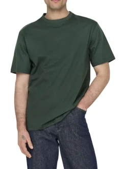 T-shirt en coton vert sapin uni à coupe droite avec un col rond
