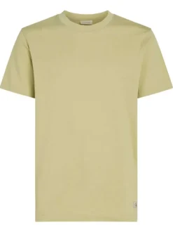 T-shirt en coton vert tilleul uni avec un col rond et un petit patch écru