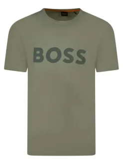 T-shirt en coton vert uni à coupe droite et imprimé nom de la marque