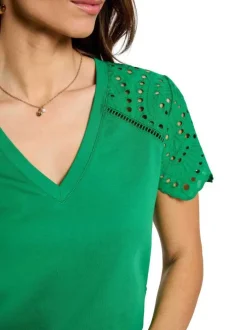 T-shirt en coton vert uni pourvu d'une coupe droite et d'un col en V