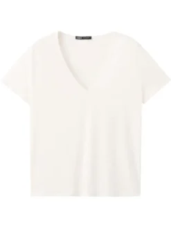T-shirt en lin blanc uni pourvu d'une coupe droite et d'un col v