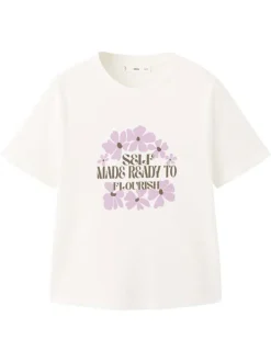 T-shirt en lin écru uni pourvu d'une coupe droite et d'un col rond
