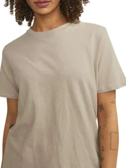 T-shirt en lin et coton beige uni avec une coupe droite et un col rond