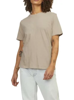 T-shirt en lin et coton beige uni avec une coupe droite et un col rond
