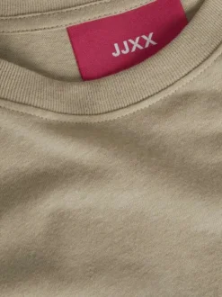 T-shirt en lin et coton beige uni avec une coupe droite et un col rond
