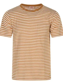 T-shirt en lin et coton orange rayé avec une coupe droite et un col rond