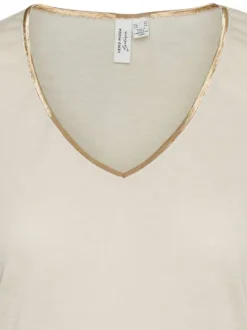 T-shirt en lin mélangé écru uni avec une coupe droite et un col v