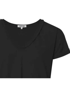 T-shirt en lin noir uni avec un col v une coupe droite et des manches courtes
