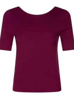 T-shirt framboise côtelé avec une coupe près du corps col rond et manche 3/4
