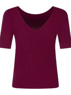 T-shirt framboise côtelé avec une coupe près du corps col rond et manche 3/4