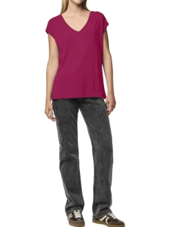 T-shirt fuchsia uni avec un col v et des manches très courtes