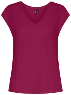 T-shirt fuchsia uni avec un col v et des manches très courtes