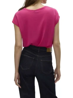 T-shirt fuchsia uni à coupe droite avec un col v et des manches courtes