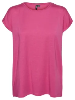 T-shirt fuchsia uni à coupe droite avec un col v et des manches courtes