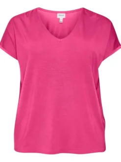 T-shirt fuchsia uni à coupe droite col v et à manches courtes