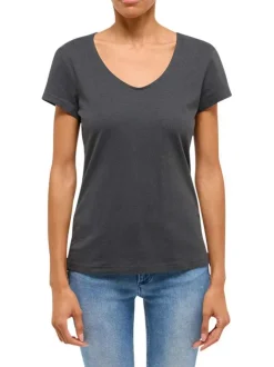 T-shirt gris anthracite uni avec un col v profond et des manches courtes