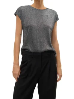 T-shirt gris à coupe fluide et un col rond avec du lurex argenté