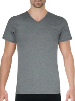 T-shirt gris uni avec une coupe droite un col en V et des manches courtes