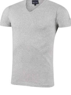 T-shirt gris uni en coton à coupe droite avec un col V et surpiqûres ton sur ton