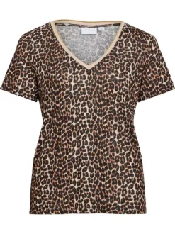 T-shirt à imprimé léopard avec un aspect légèrement délavé et un col v