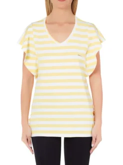 T-shirt jaune rayé coupe droite avec un col v et des manches courtes