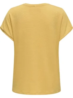 T-shirt jaune à rayures fines pailletées avec une coupe fluide et un col v