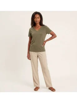 T-shirt kaki à coupe droite pourvu d'un col v et de manches courtes